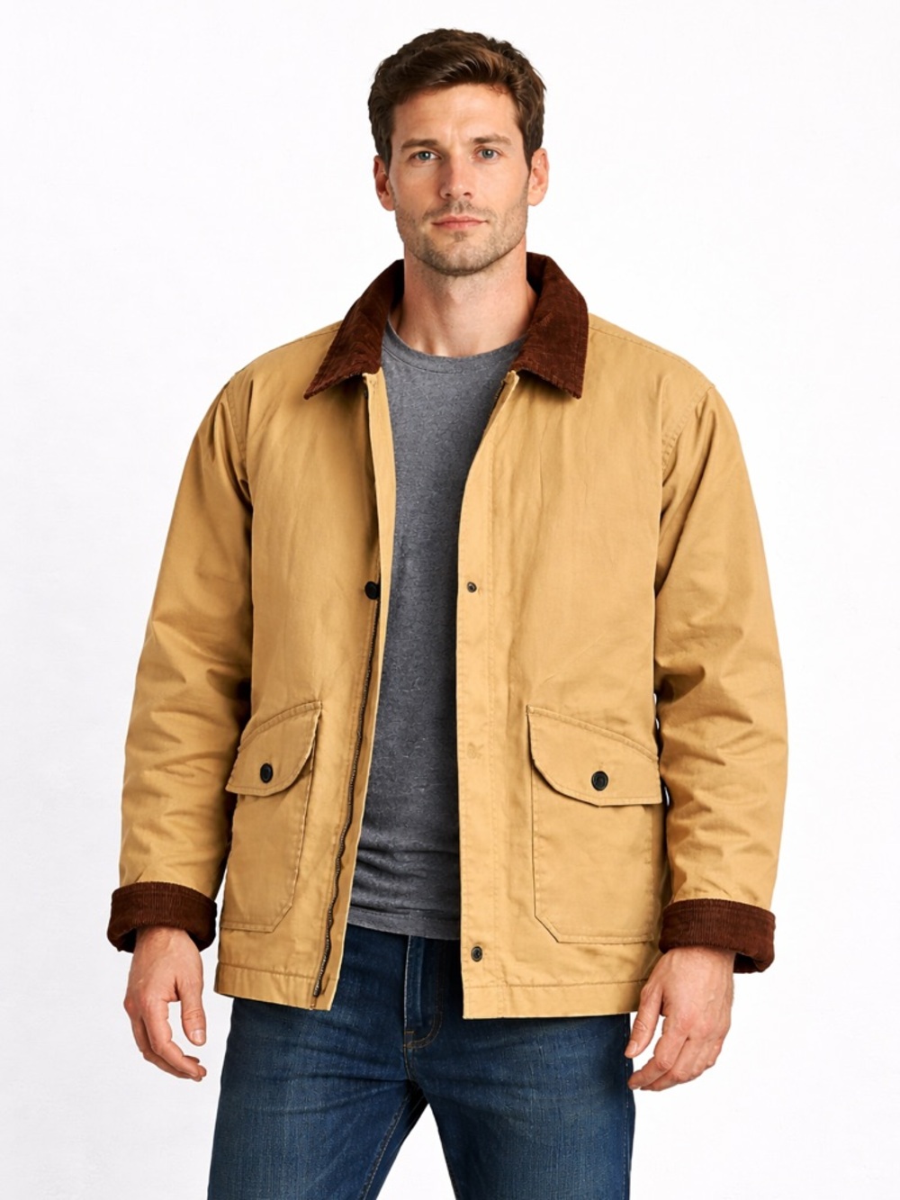 Tan Canvas Barn Jacket Chore Coat Brown Corduroy Collar Large H&M Divided